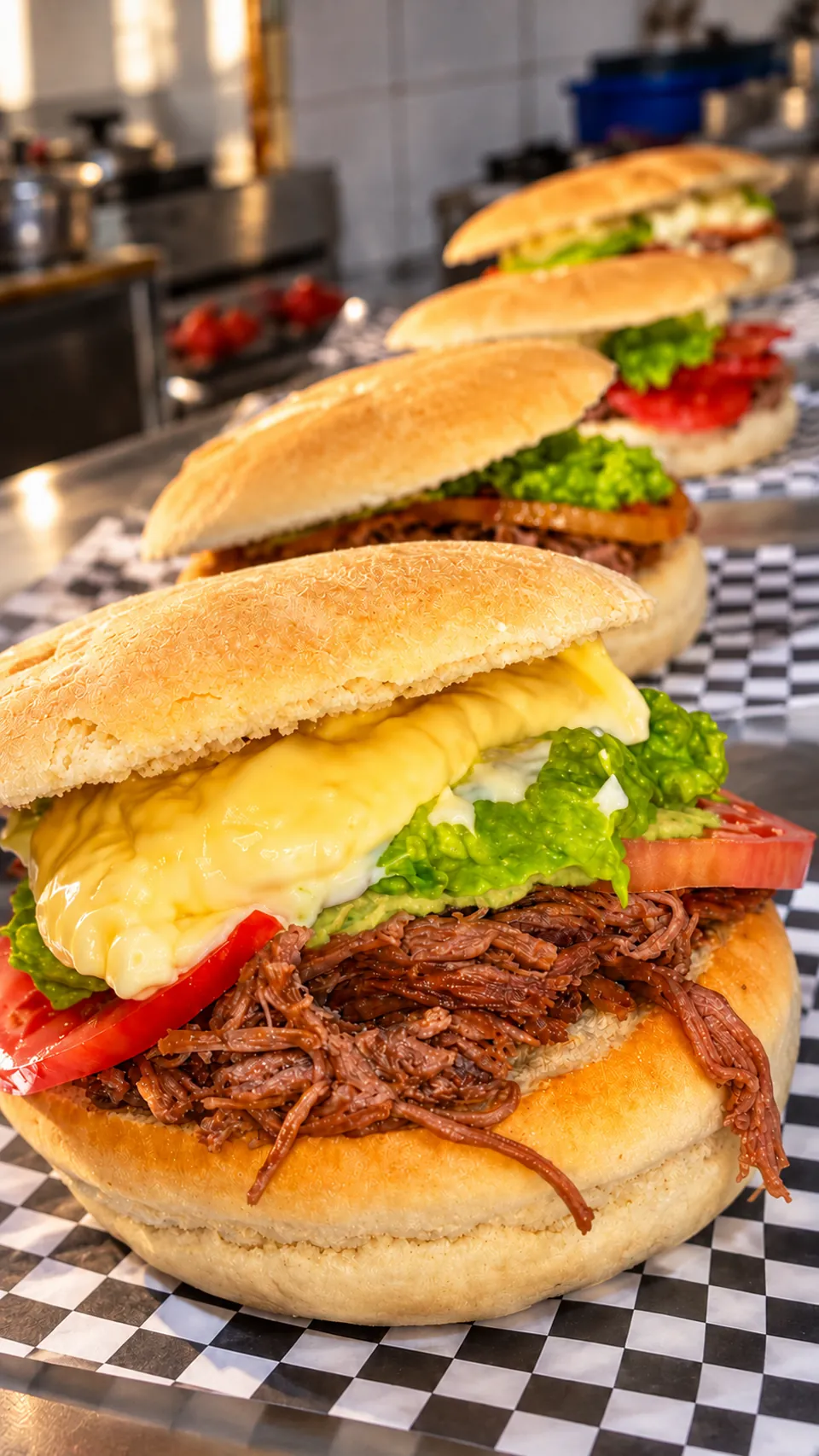 Sándwich de mechada con tomate, lechuga, queso y palta